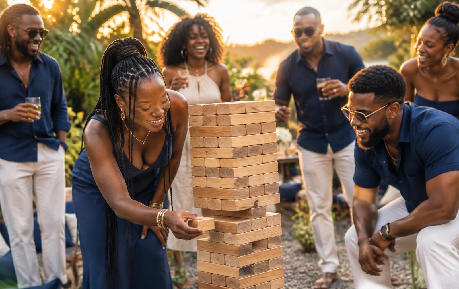 Friends laughing around a giant tumbling tower at an outdoor UncrateFun gathering