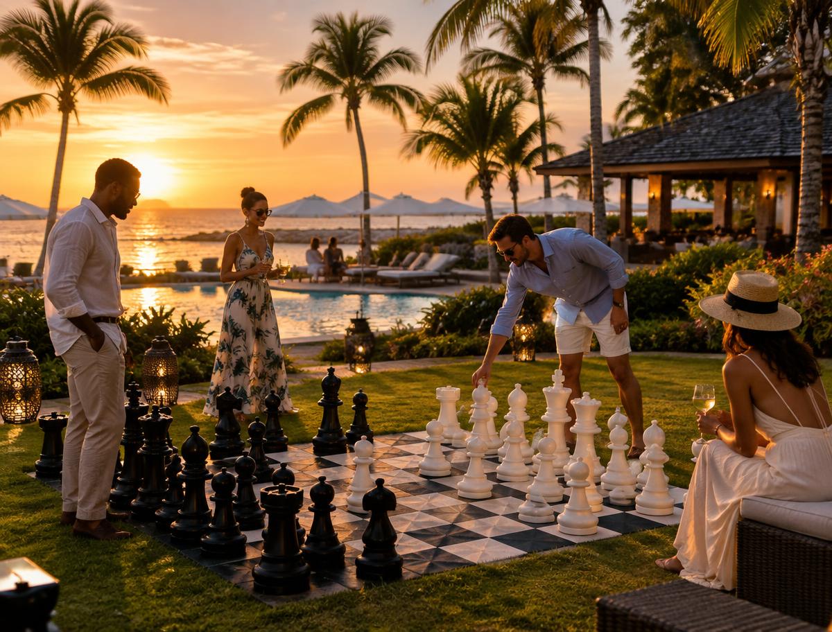 Resort guests playing giant chess